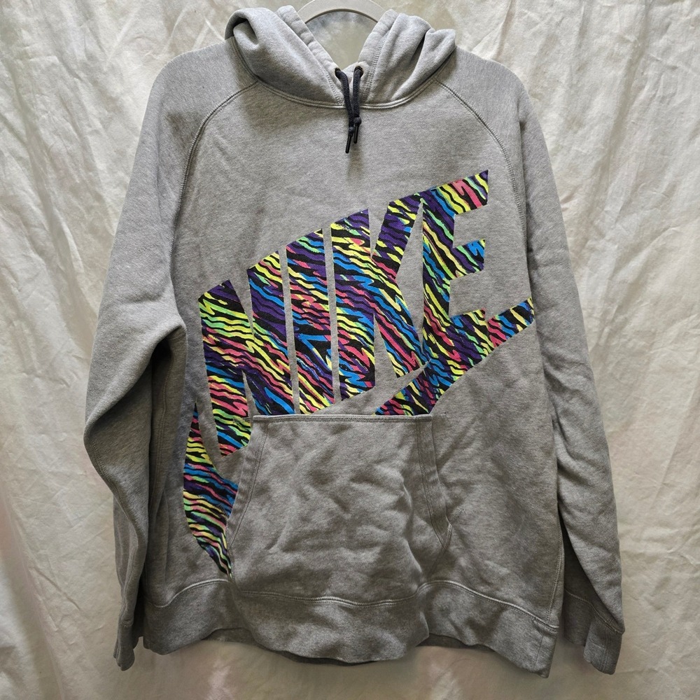 Nike Men's Gray Rainbow Zebra Spell Out Swoosh Hoodie Sweatshirt XXL 90s